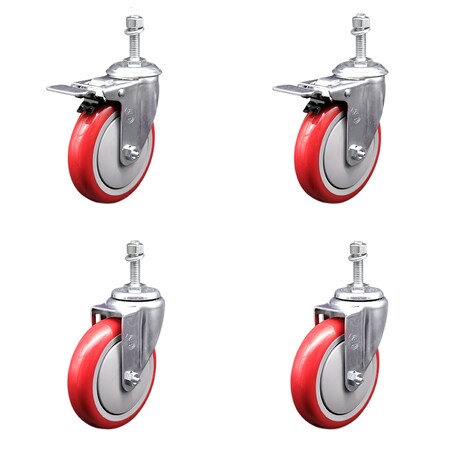 Service Caster 5 Inch SS Red Poly Swivel 10mm Threaded Stem Caster Total Lock Brake, 2PK SCC-SSTSTTL20S514-PPUB-RED-M1015-2S2
